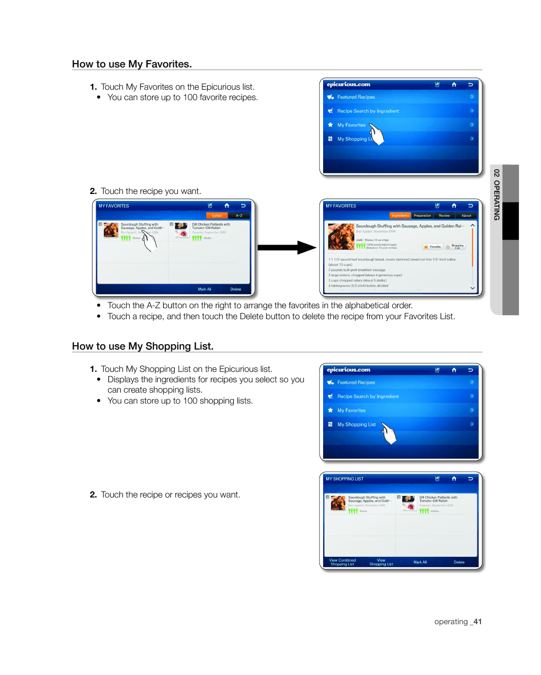 Samsung RSG309** user manual How to use My Favorites, How to use My Shopping List 