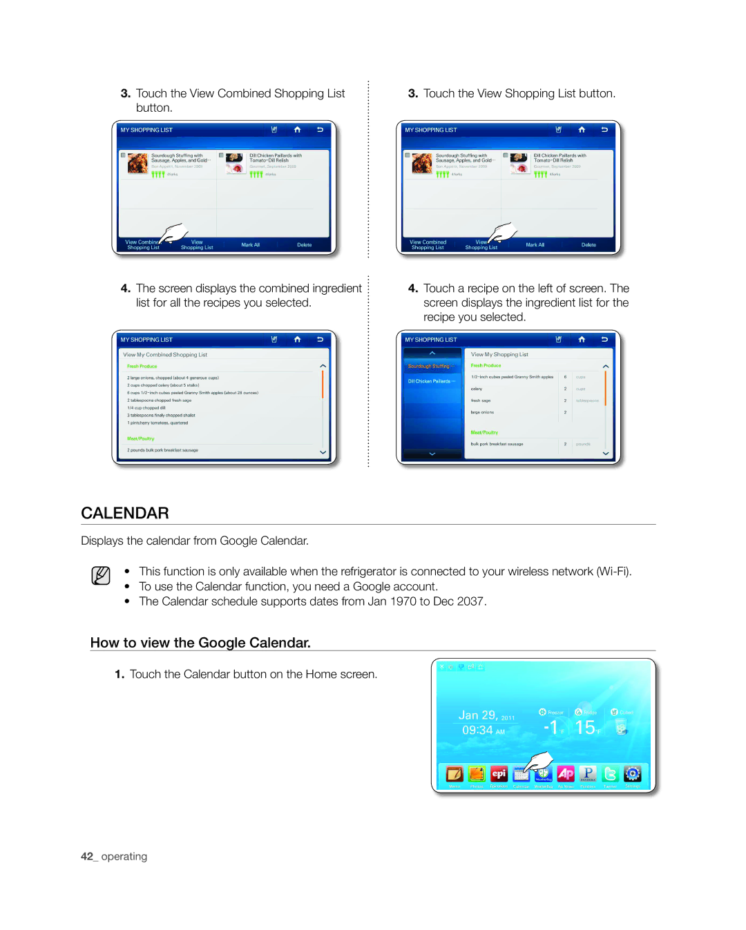 Samsung RSG309** user manual How to view the Google Calendar, Touch the View Combined Shopping List button 