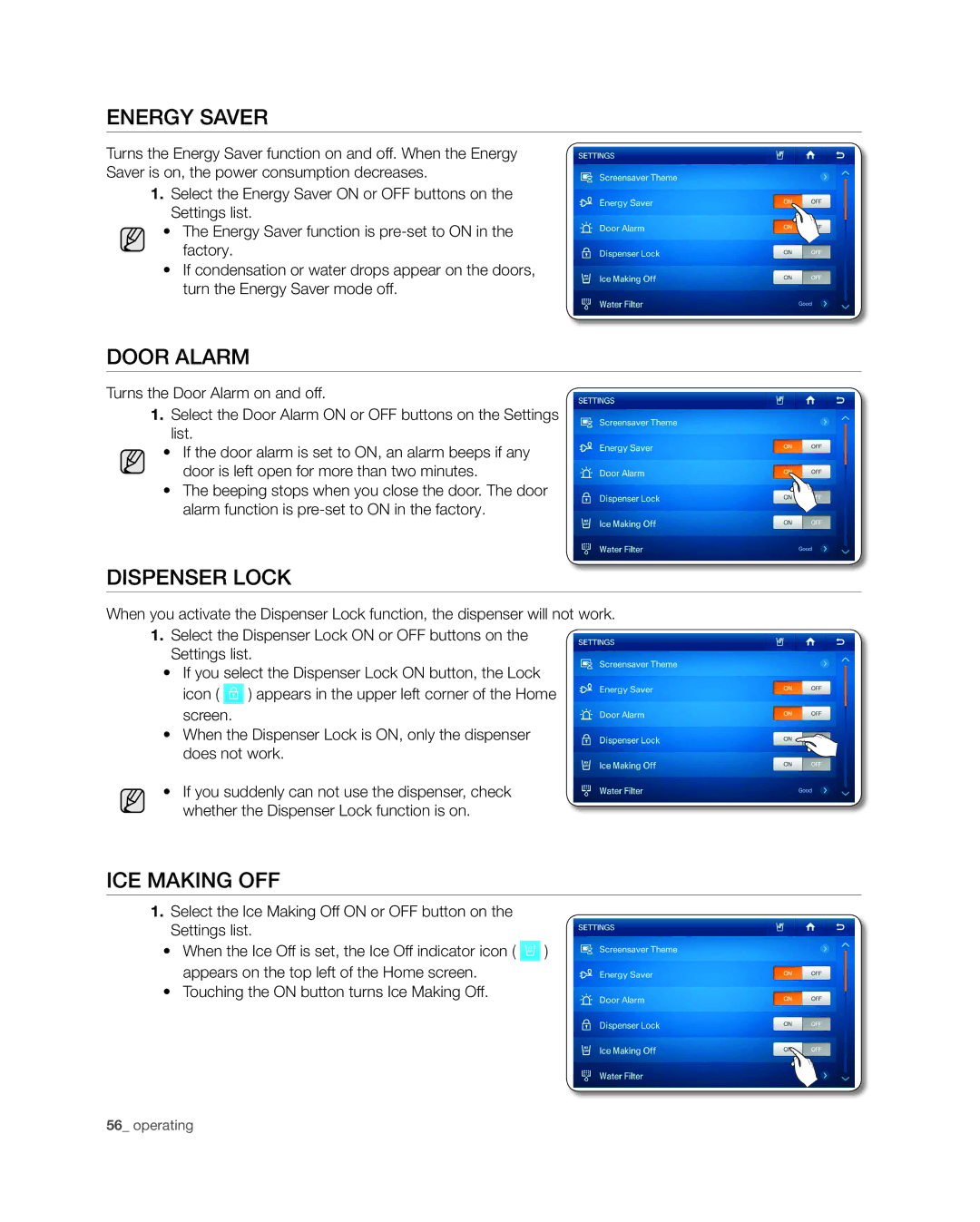 Samsung RSG309** user manual Energy Saver, Door Alarm, Dispenser Lock, ICE Making OFF 