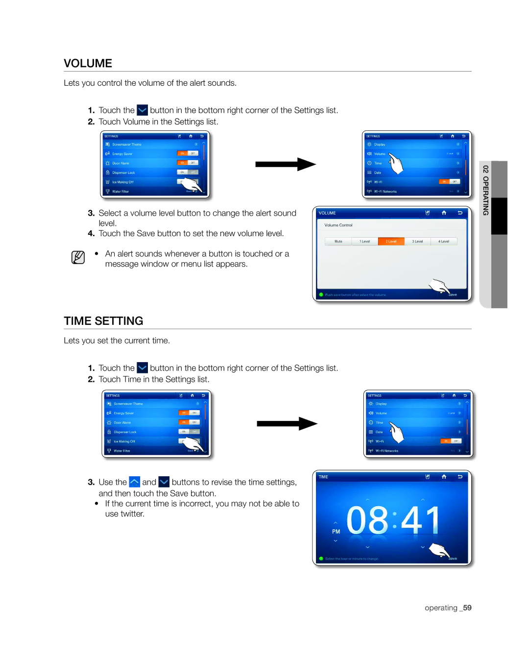 Samsung RSG309** user manual Volume, Time Setting, Lets you set the current time Touch, Touch Time in the Settings list Use 