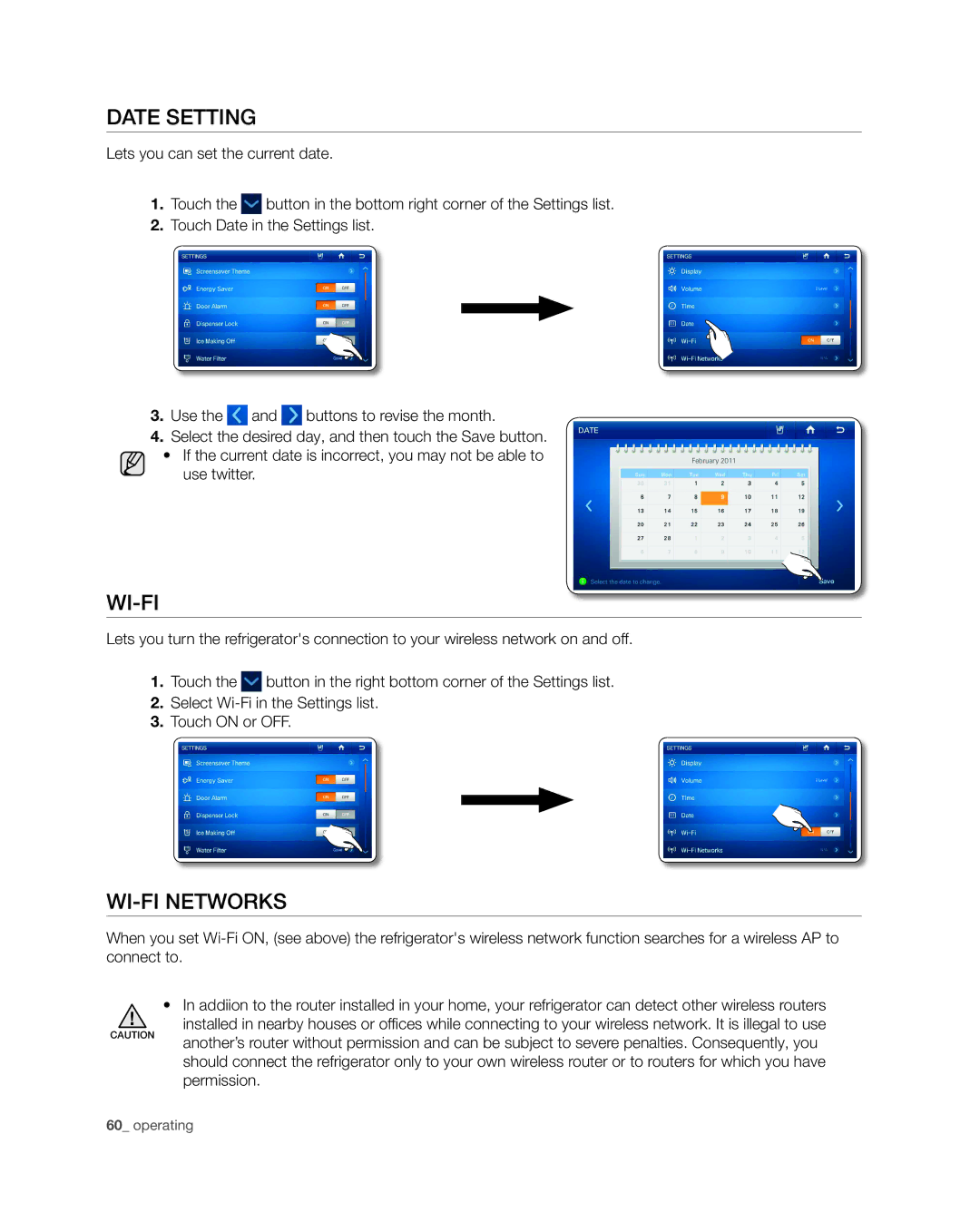 Samsung RSG309** user manual Date Setting, Wi-Fi Networks 