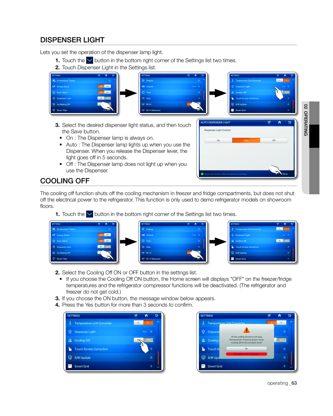 Samsung RSG309** user manual Dispenser Light, Cooling OFF 