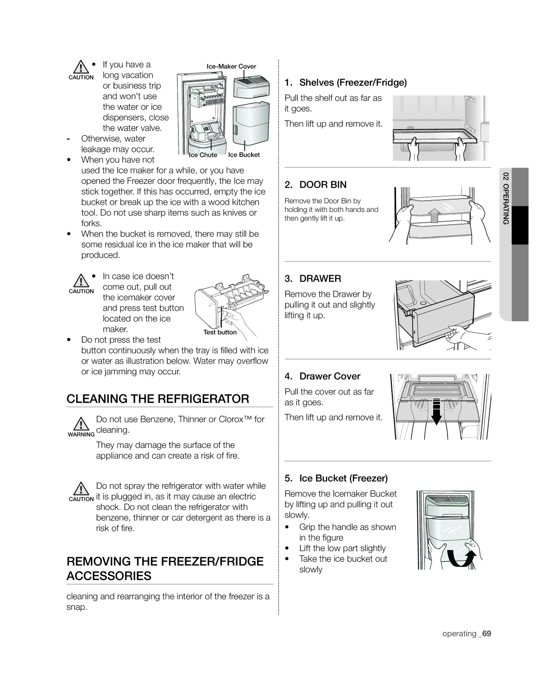 Samsung RSG309** Cleaning the refrigerator, Removing the freezer/fridge accessories, Shelves Freezer/Fridge, Drawer Cover 