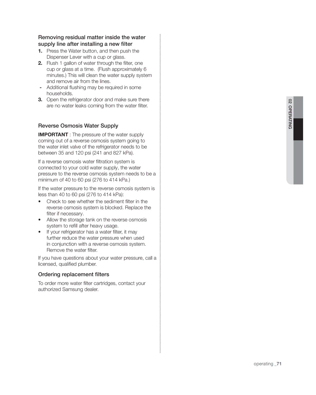 Samsung RSG309** user manual Reverse Osmosis Water Supply, Ordering replacement filters 