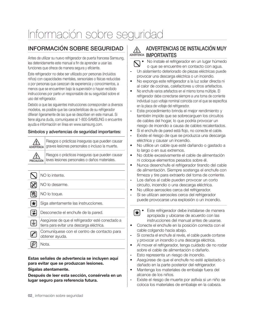 Samsung RSG309** user manual Información Sobre Seguridad, Símbolos y advertencias de seguridad importantes 