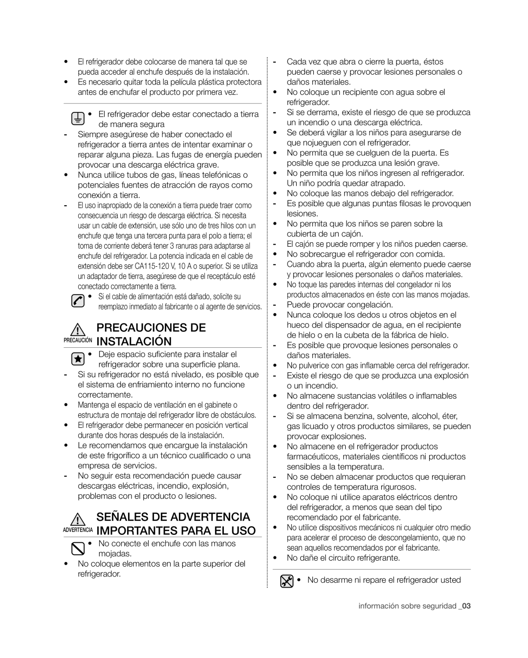 Samsung RSG309** user manual Señales DE Advertencia Advertencia IMpORTANTES pARA EL USO 