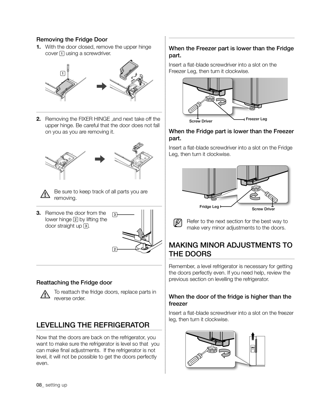 Samsung RSG309** user manual Levelling the refrigerator, Making minor adjustments to the doors 