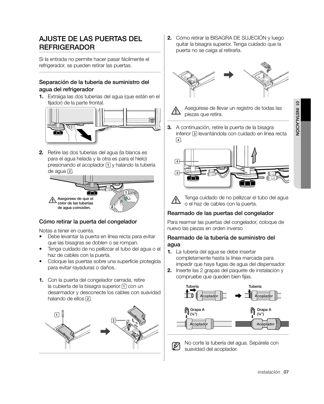 Samsung RSG309** user manual Ajuste de las puertas del, Refrigerador, Cómo retirar la puerta del congelador 