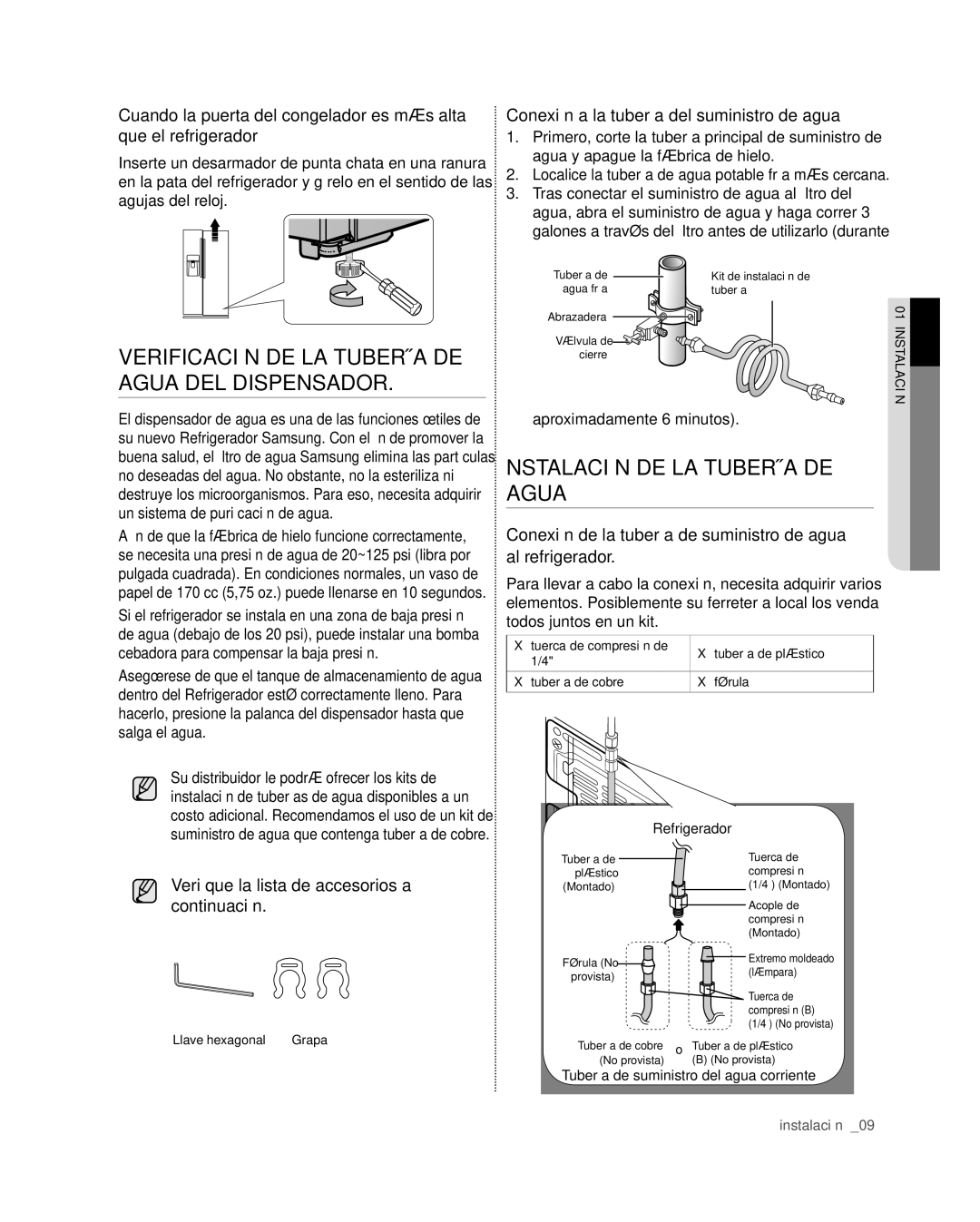 Samsung RSG309** user manual Verificación DE LA Tubería DE Agua DEL Dispensador, Nstalación de la tubería de agua 