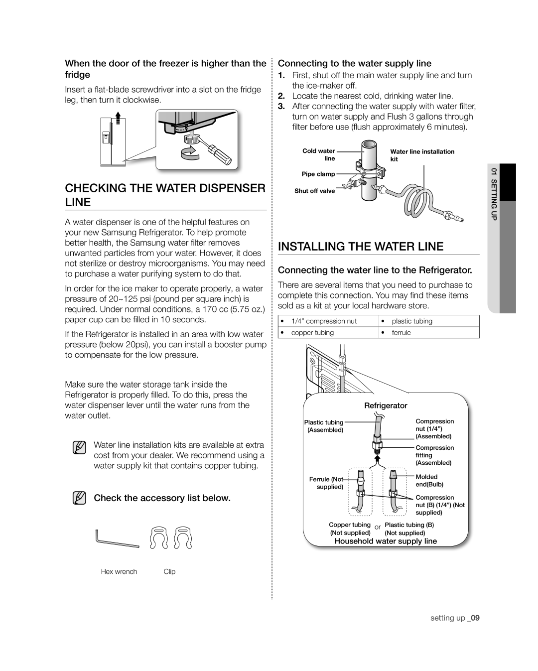 Samsung RSG309** user manual CHECKinG tHE wAtER DisPEnsER LinE, Installing the water line 