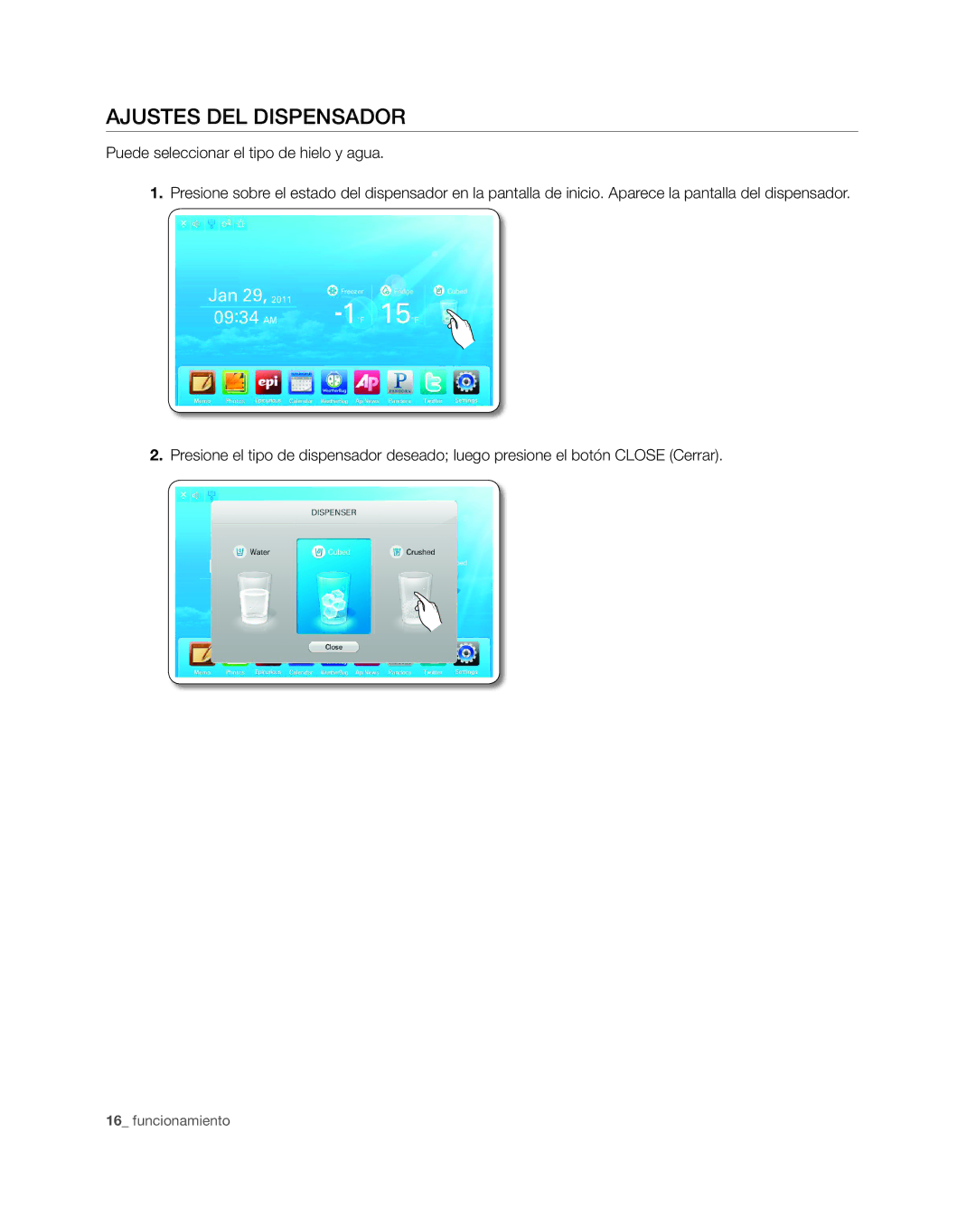 Samsung RSG309** user manual Ajustes del dispensador 