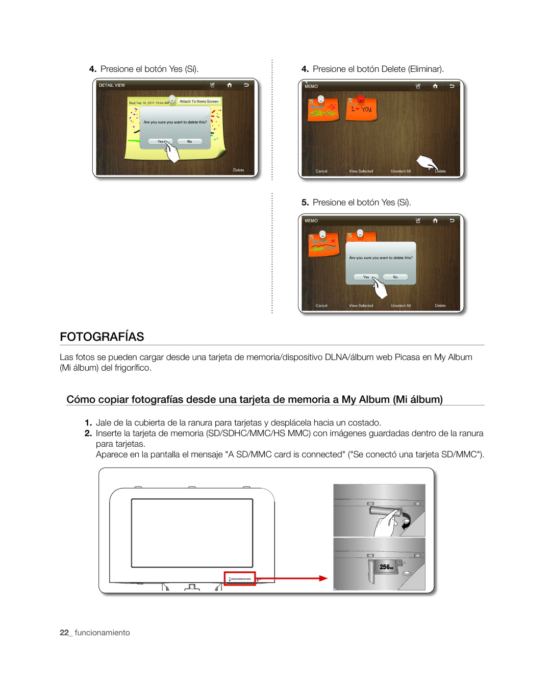 Samsung RSG309** user manual Fotografías, Presione el botón Yes Sí Presione el botón Delete Eliminar 