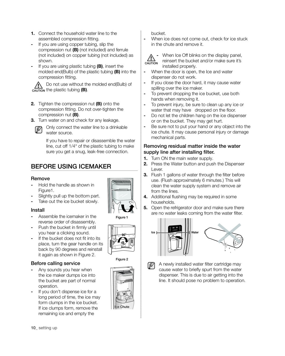 Samsung RSG309** user manual before using icemaker, Remove, Install, Before calling service 