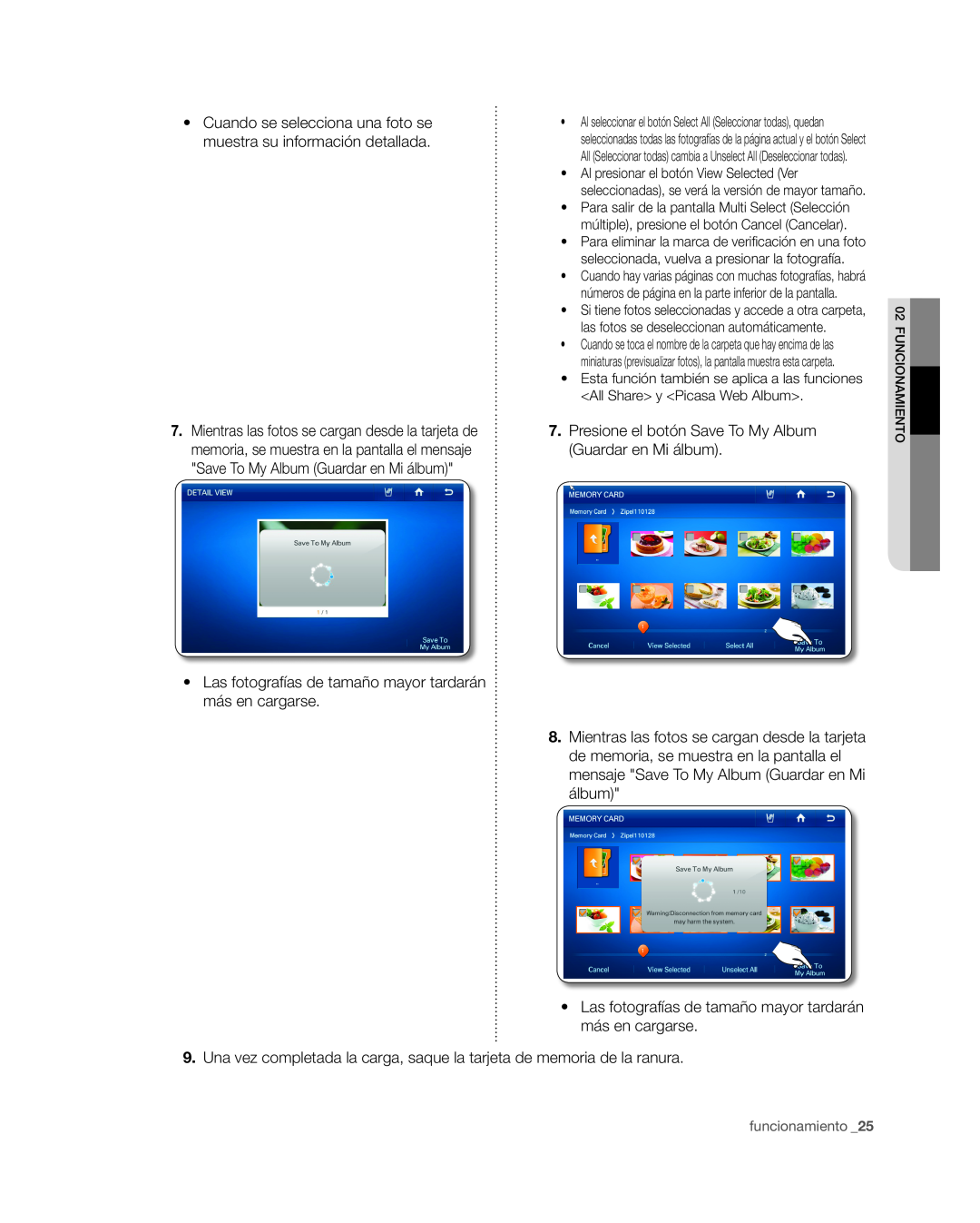 Samsung RSG309** user manual Cuando se selecciona una foto se muestra su información detallada, funcionamiento 