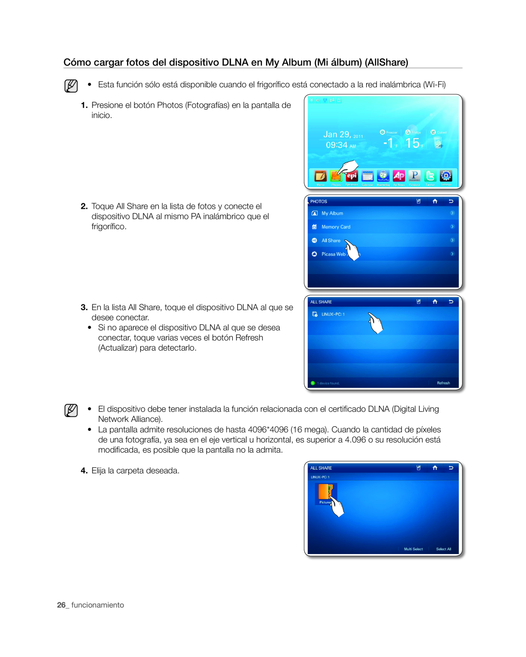 Samsung RSG309** user manual Cómo cargar fotos del dispositivo DLNA en My Album Mi álbum AllShare 
