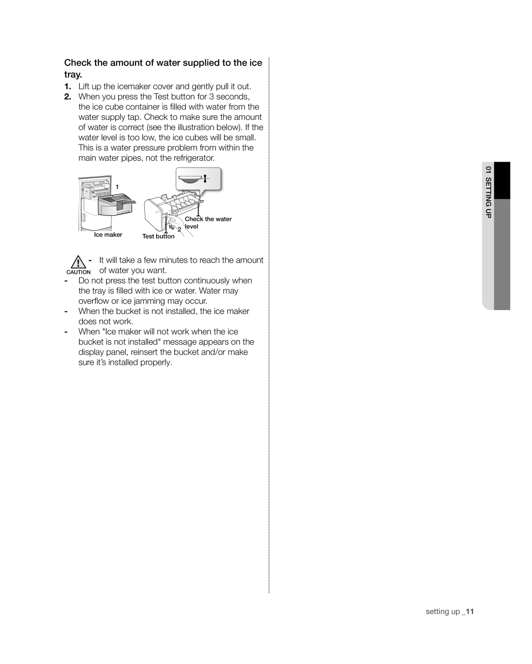 Samsung RSG309** user manual Check the amount of water supplied to the ice tray 