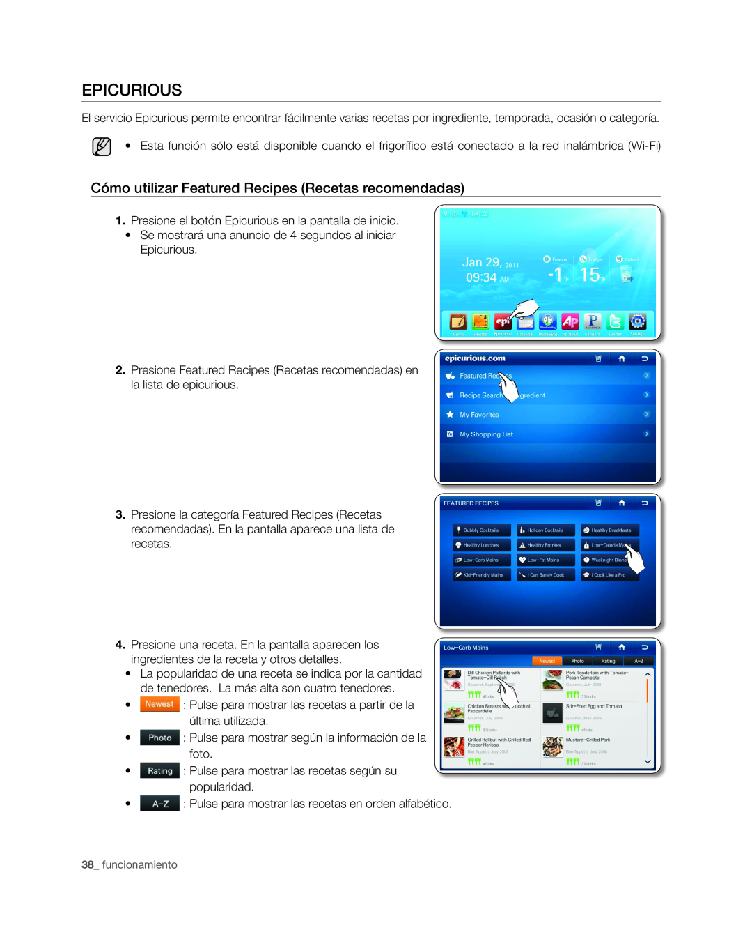 Samsung RSG309** user manual Cómo utilizar Featured Recipes Recetas recomendadas, Epicurious, funcionamiento 