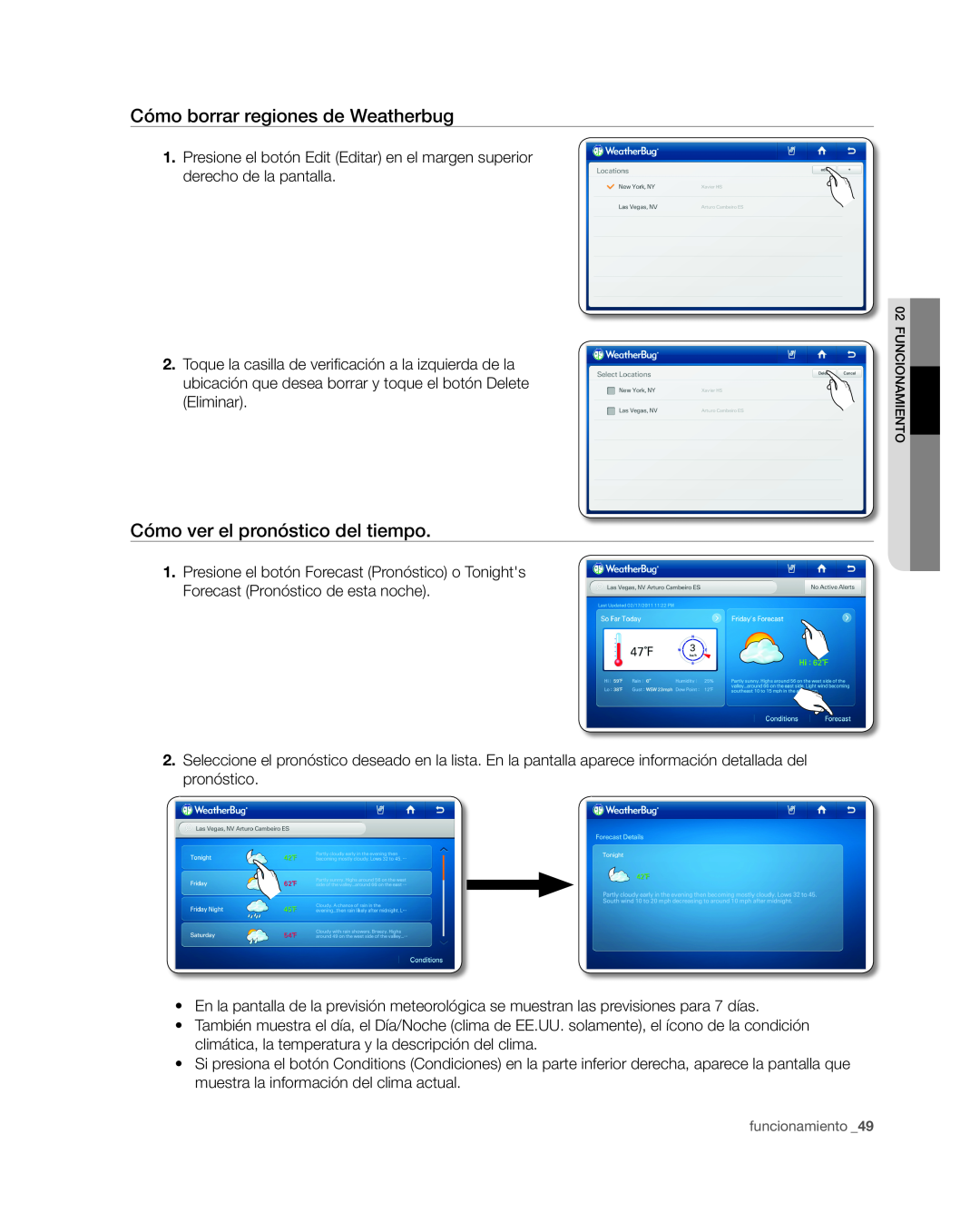 Samsung RSG309** user manual Cómo borrar regiones de Weatherbug, Cómo ver el pronóstico del tiempo 