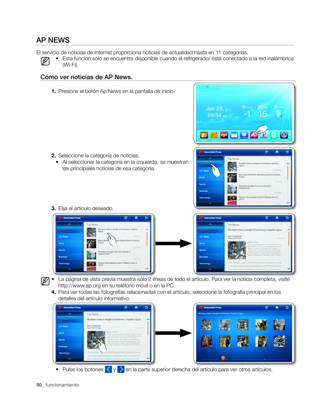 Samsung RSG309** user manual Cómo ver noticias de AP News, Ap News, funcionamiento 