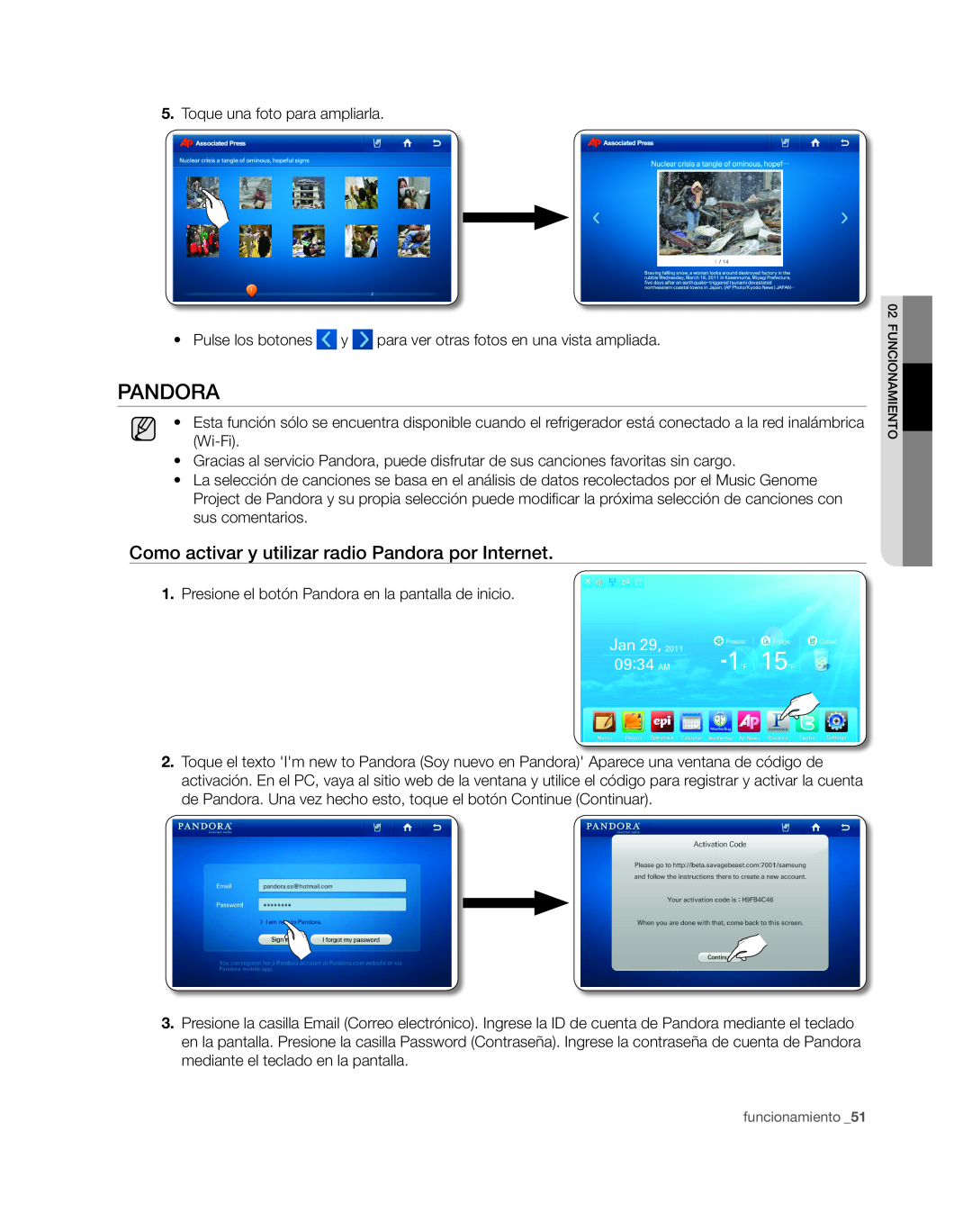 Samsung RSG309** user manual Como activar y utilizar radio Pandora por Internet 