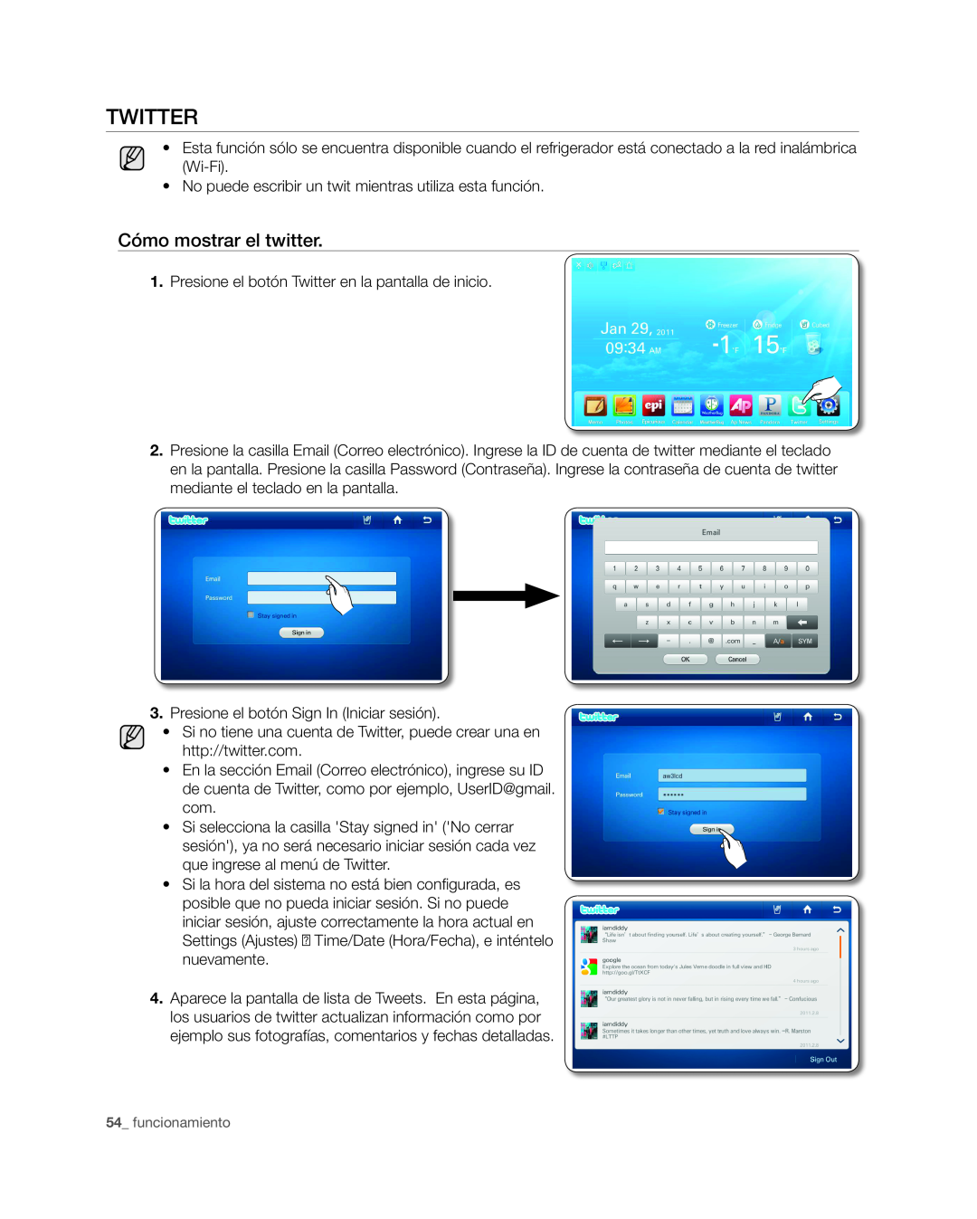 Samsung RSG309** user manual Cómo mostrar el twitter, Twitter, funcionamiento 