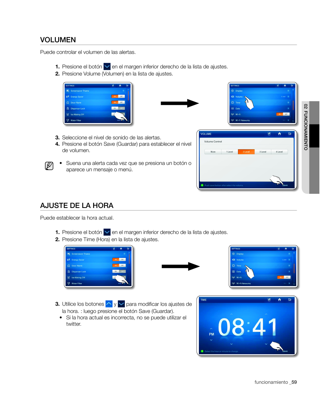 Samsung RSG309** user manual Volumen, Ajuste de la hora, en el margen inferior derecho de la lista de ajustes 