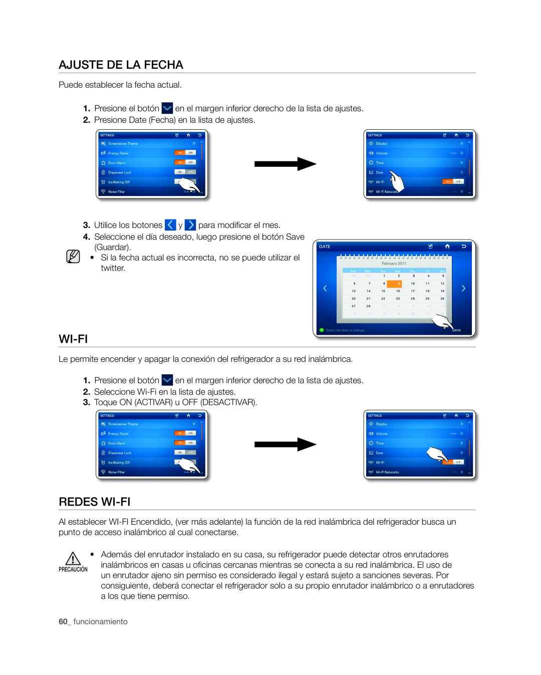 Samsung RSG309** user manual Ajuste de la fecha, Redes Wi-Fi, funcionamiento, pRECAUCIÓN 