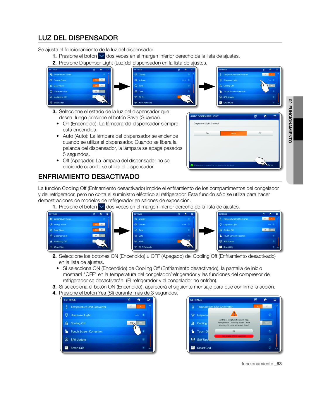 Samsung RSG309** user manual Luz del dispensador, Enfriamiento Desactivado 