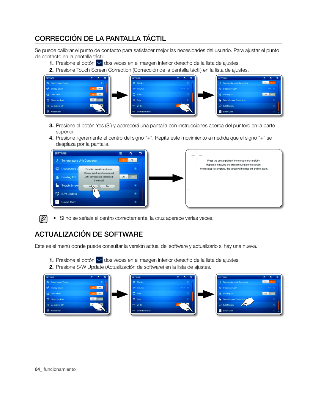 Samsung RSG309** user manual Corrección de la pantalla táctil, Actualización de software, funcionamiento 
