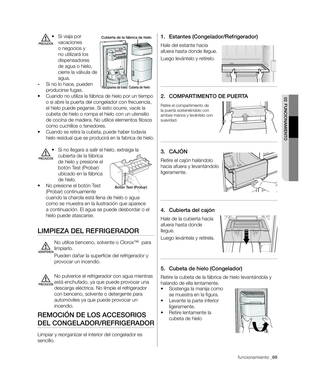 Samsung RSG309** user manual Limpieza del refrigerador, Remoción De Los Accesorios Del Congelador/Refrigerador, Cajón 