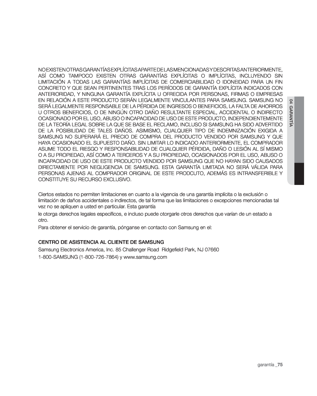 Samsung RSG309** user manual Centro De Asistencia Al Cliente De Samsung 