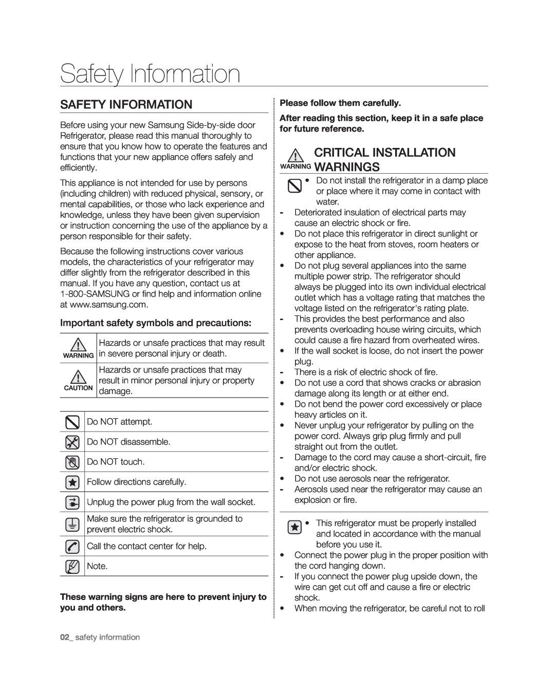 Samsung RSG309** user manual Safety Information, Important safety symbols and precautions 