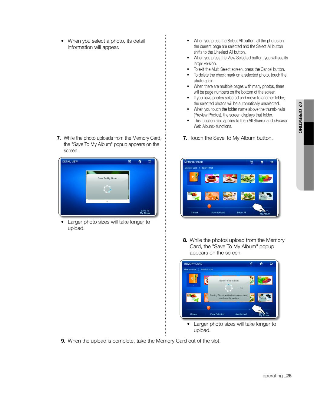 Samsung RSG309** user manual To delete the check mark on a selected photo, touch the photo again 
