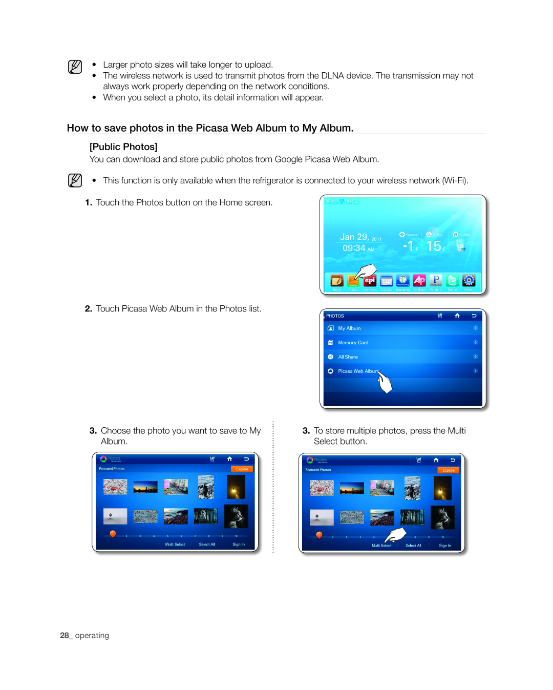 Samsung RSG309** user manual How to save photos in the Picasa Web Album to My Album, Public Photos 