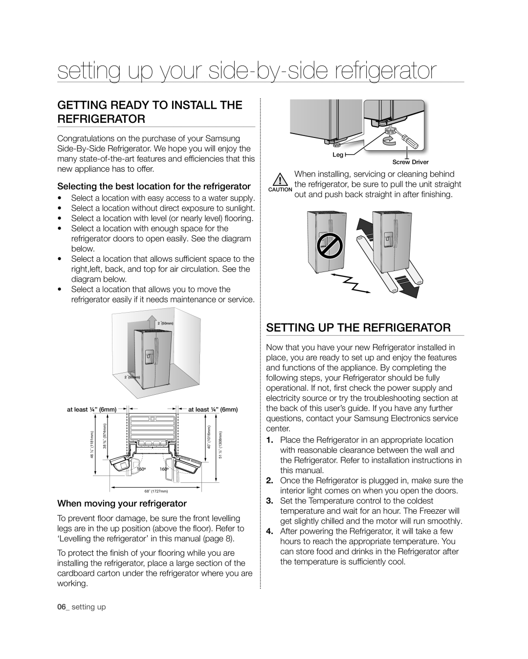Samsung RSG309** user manual setting up your side-by-side refrigerator, Getting ready to install the refrigerator 