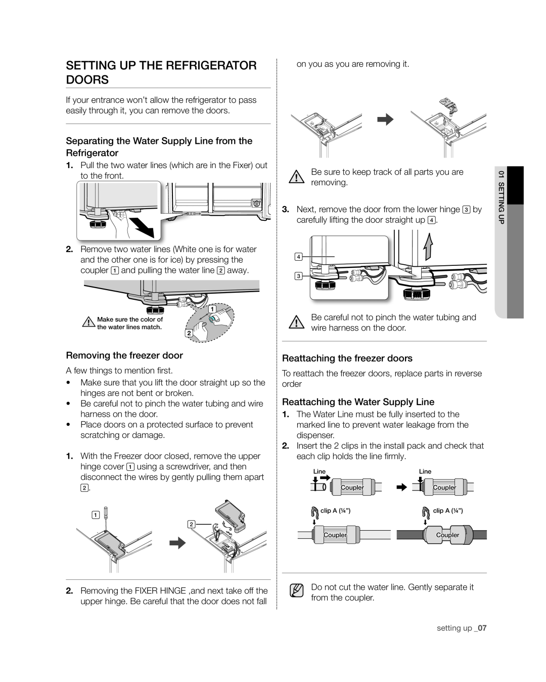 Samsung RSG309** user manual SETTING UP the refrigerator doors, Separating the Water Supply Line from the Refrigerator 