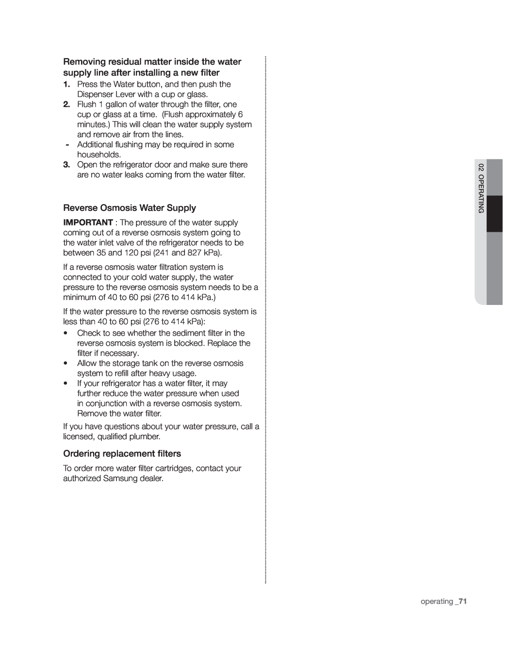 Samsung RSG309** user manual Reverse Osmosis Water Supply, Ordering replacement filters 