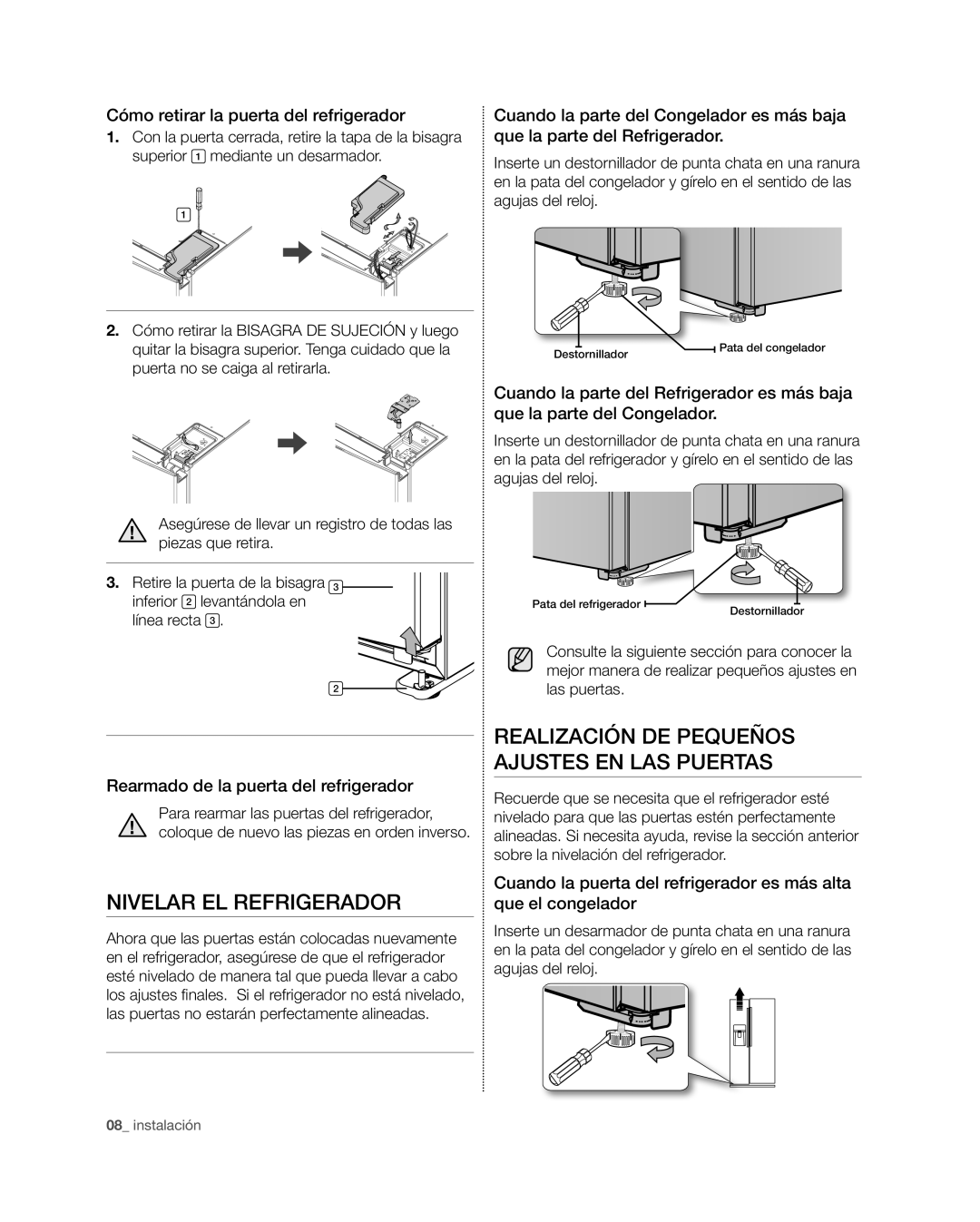 Samsung RSG309** user manual NIVELAR el refrigerador, Realización De Pequeños Ajustes En Las Puertas 
