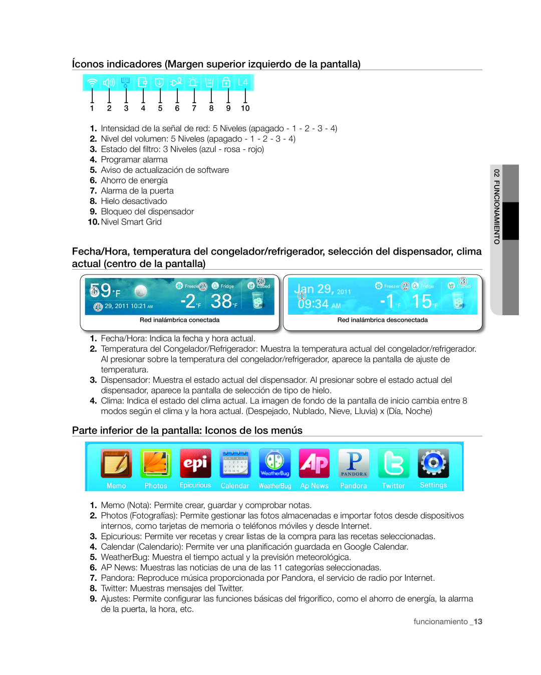 Samsung RSG309** user manual Íconos indicadores Margen superior izquierdo de la pantalla 