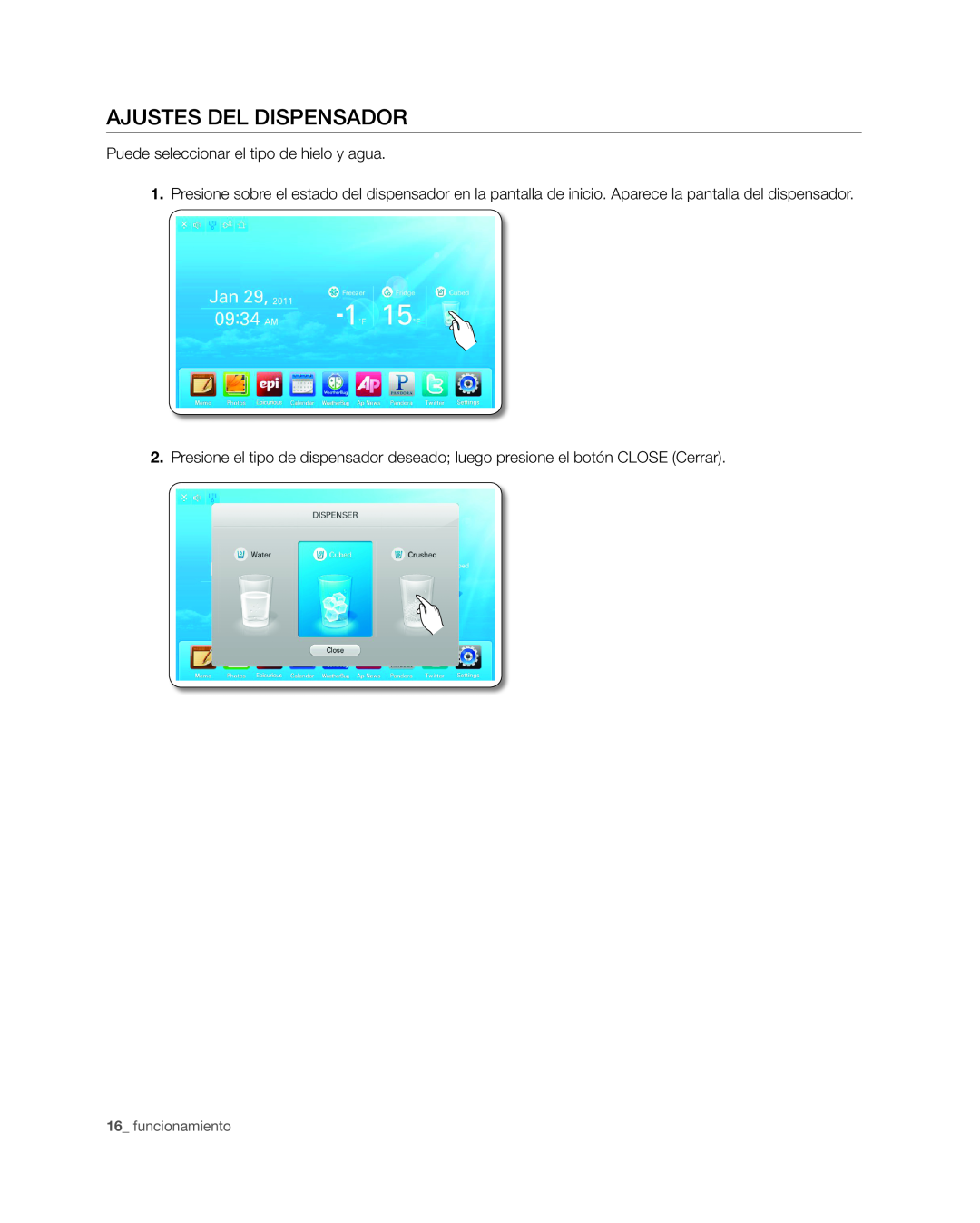 Samsung RSG309** user manual Ajustes del dispensador 