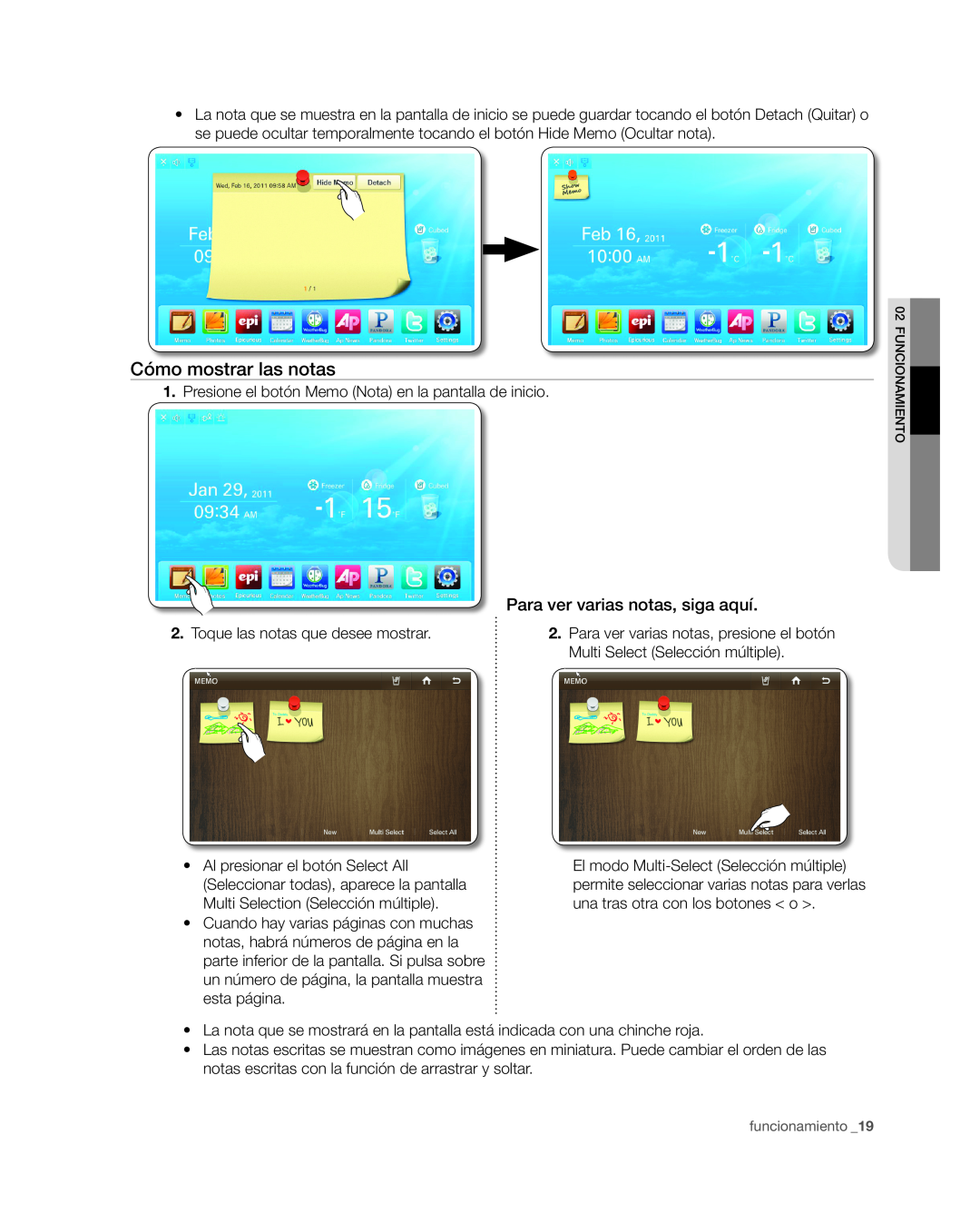 Samsung RSG309** user manual Cómo mostrar las notas, Para ver varias notas, siga aquí 