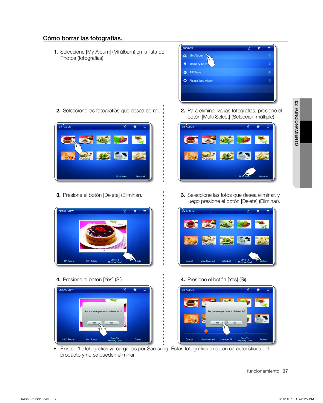 Samsung RSG309AARS user manual Cómo borrar las fotografías, Seleccione las fotografías que desea borrar 