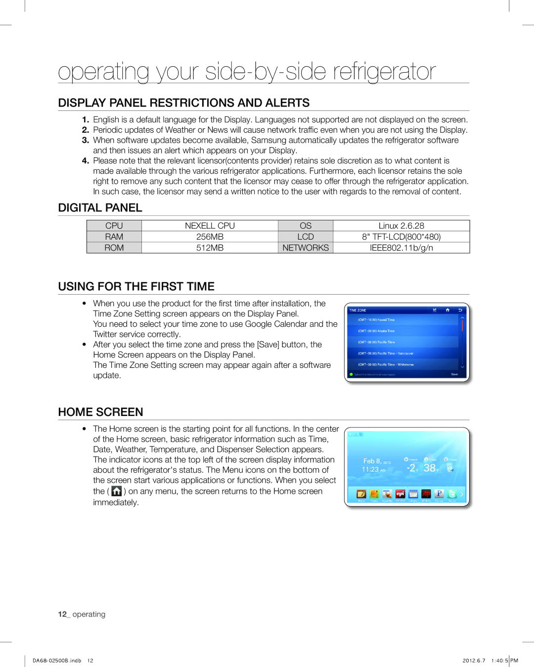 Samsung RSG309AARS user manual Display Panel RESTRIcTIONS and Alerts, Digital Panel, Using for the First time, Home Screen 