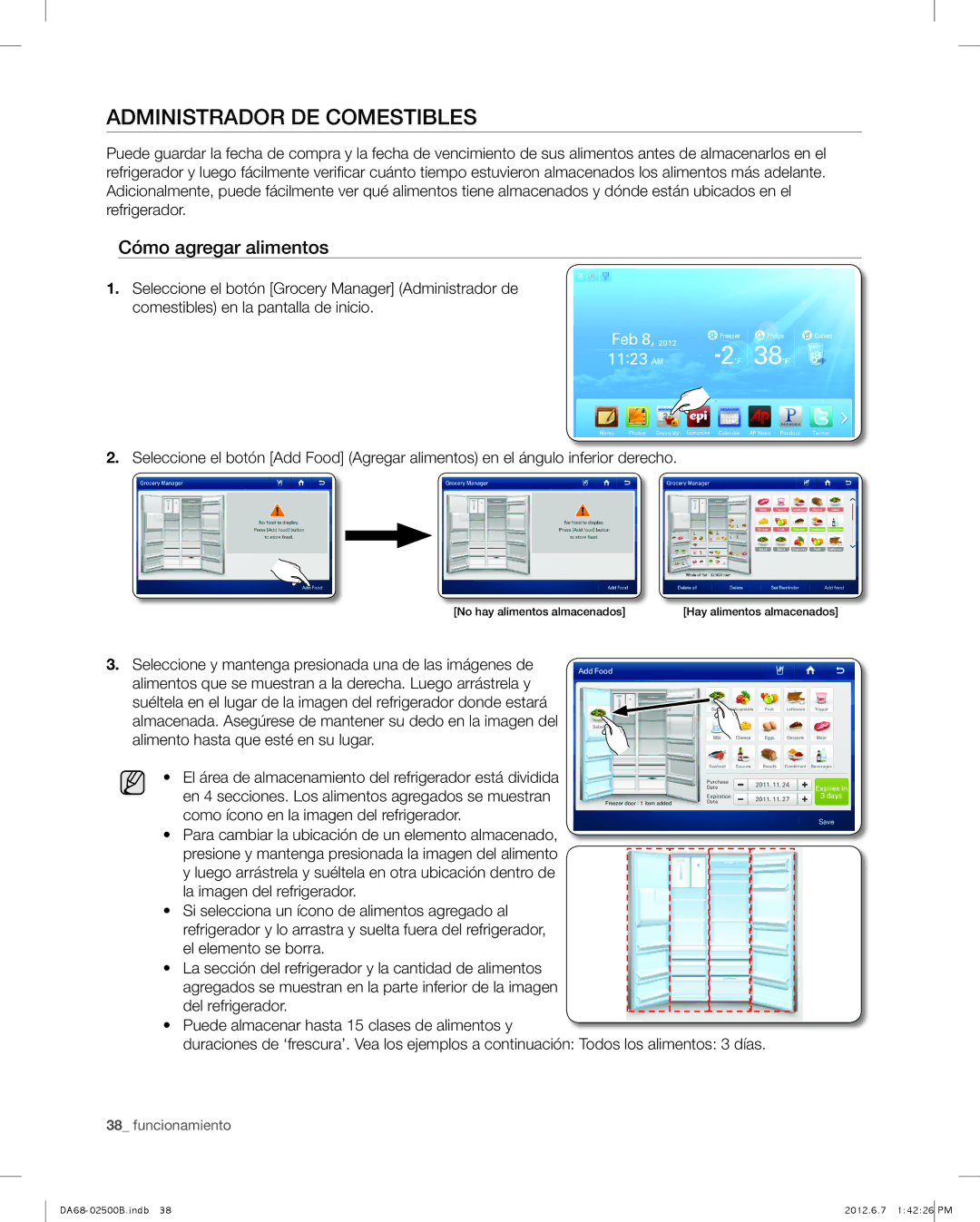 Samsung RSG309AARS user manual Administrador de comestibles, Cómo agregar alimentos 