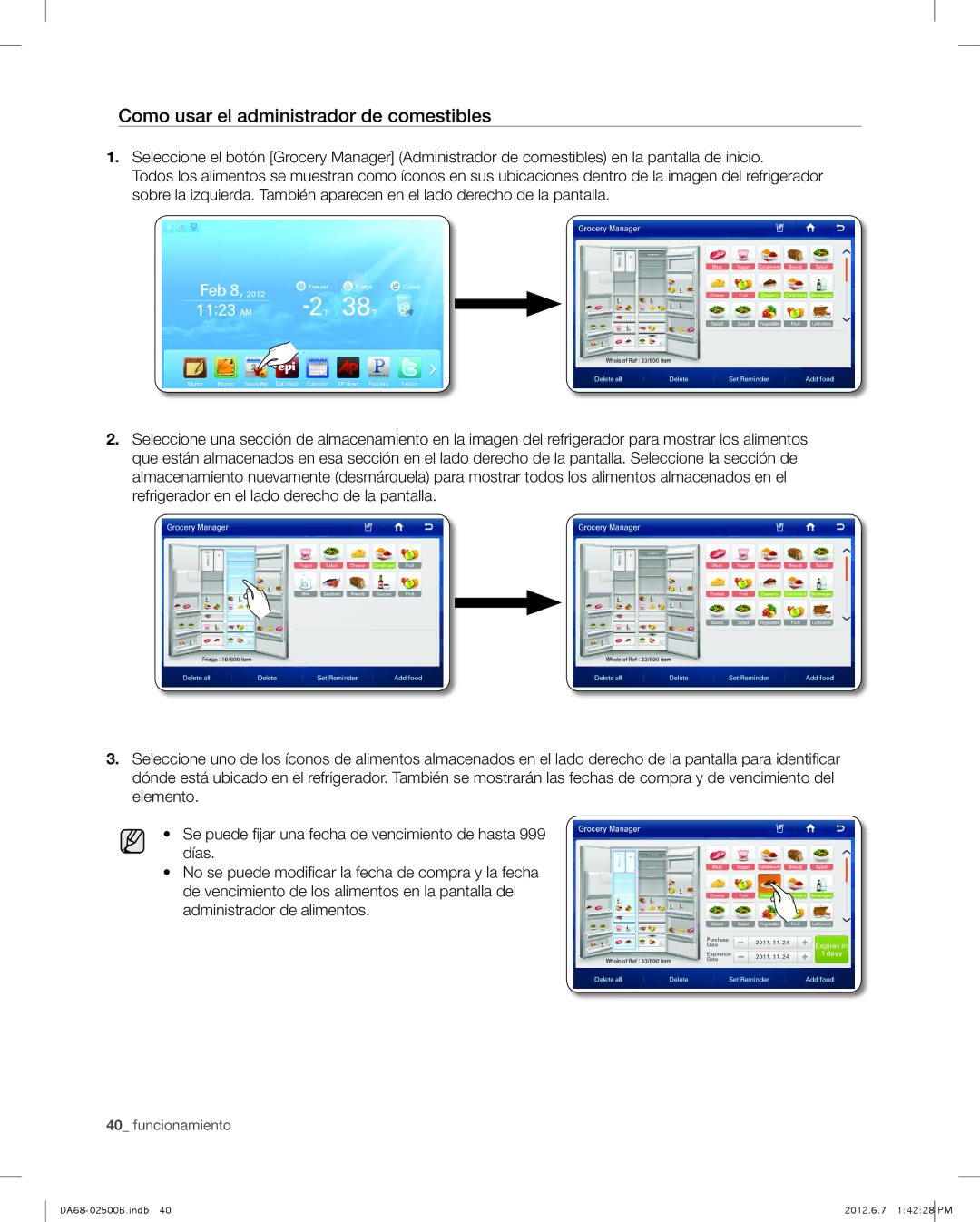 Samsung RSG309AARS user manual Como usar el administrador de comestibles 