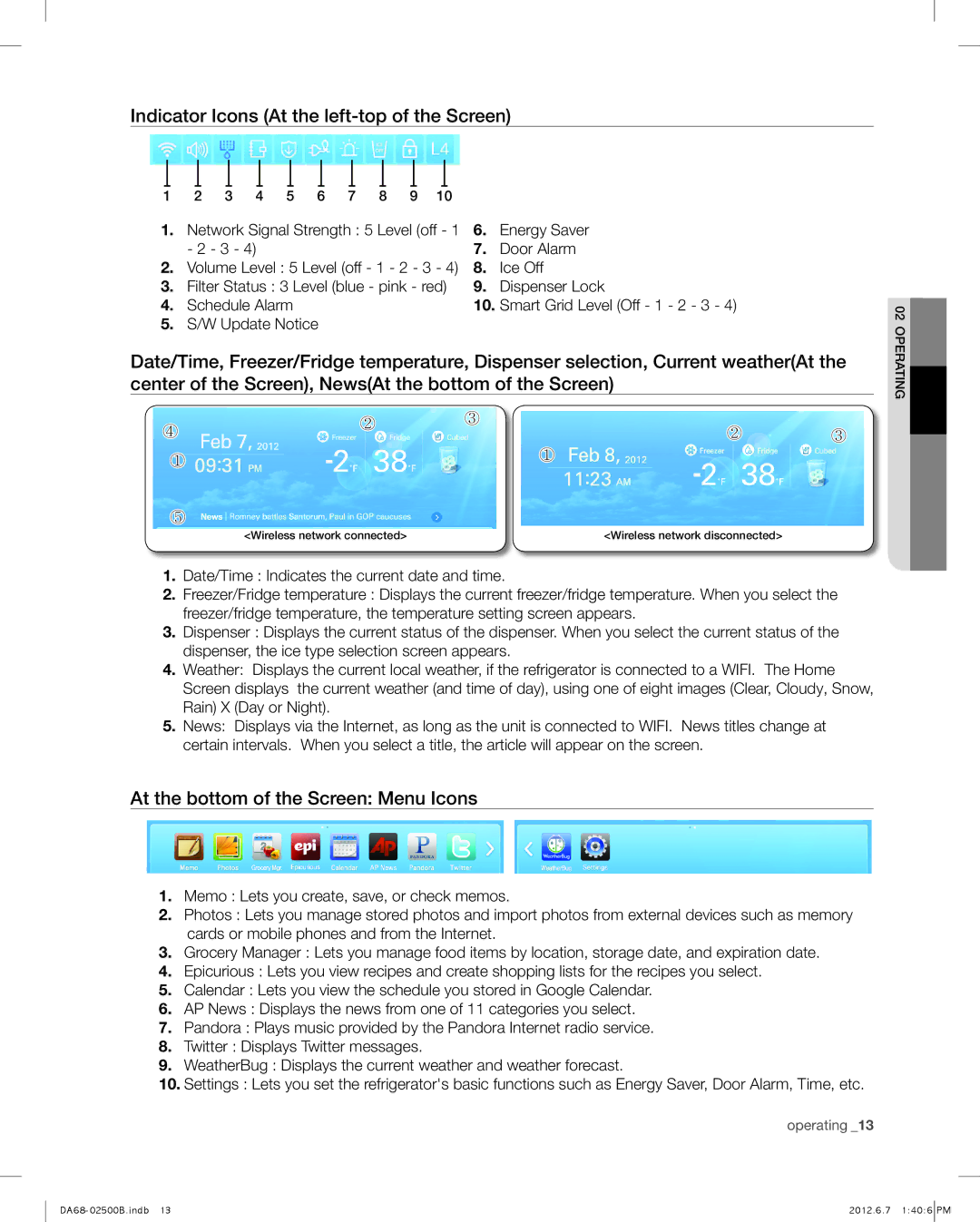 Samsung RSG309 Indicator Icons At the left-top of the Screen, At the bottom of the Screen Menu Icons, W Update Notice 