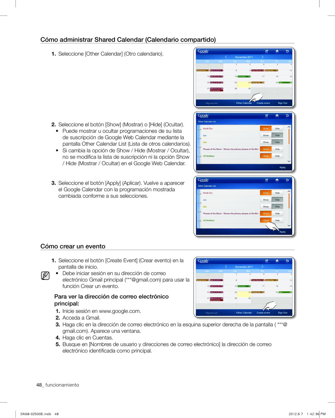 Samsung RSG309AARS user manual Cómo administrar Shared Calendar Calendario compartido, Cómo crear un evento 