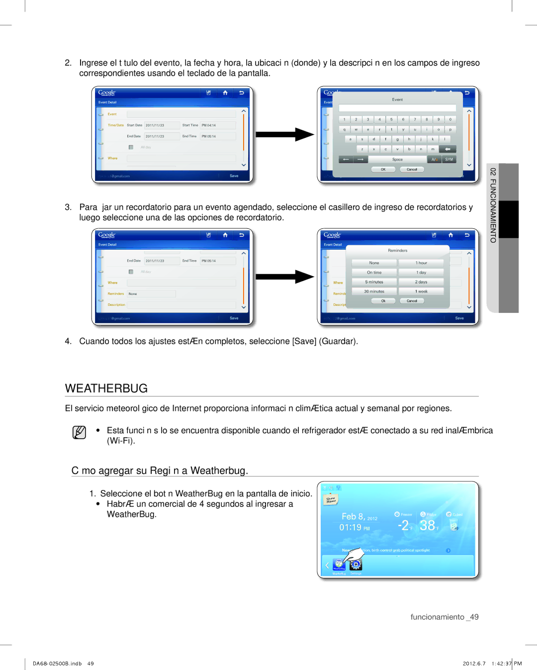 Samsung RSG309AARS user manual WeatherBug, Cómo agregar su Región a Weatherbug 