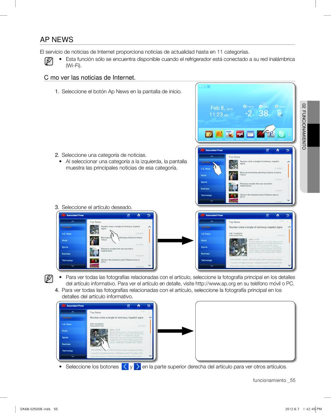 Samsung RSG309AARS user manual AP News, Cómo ver las noticias de Internet 