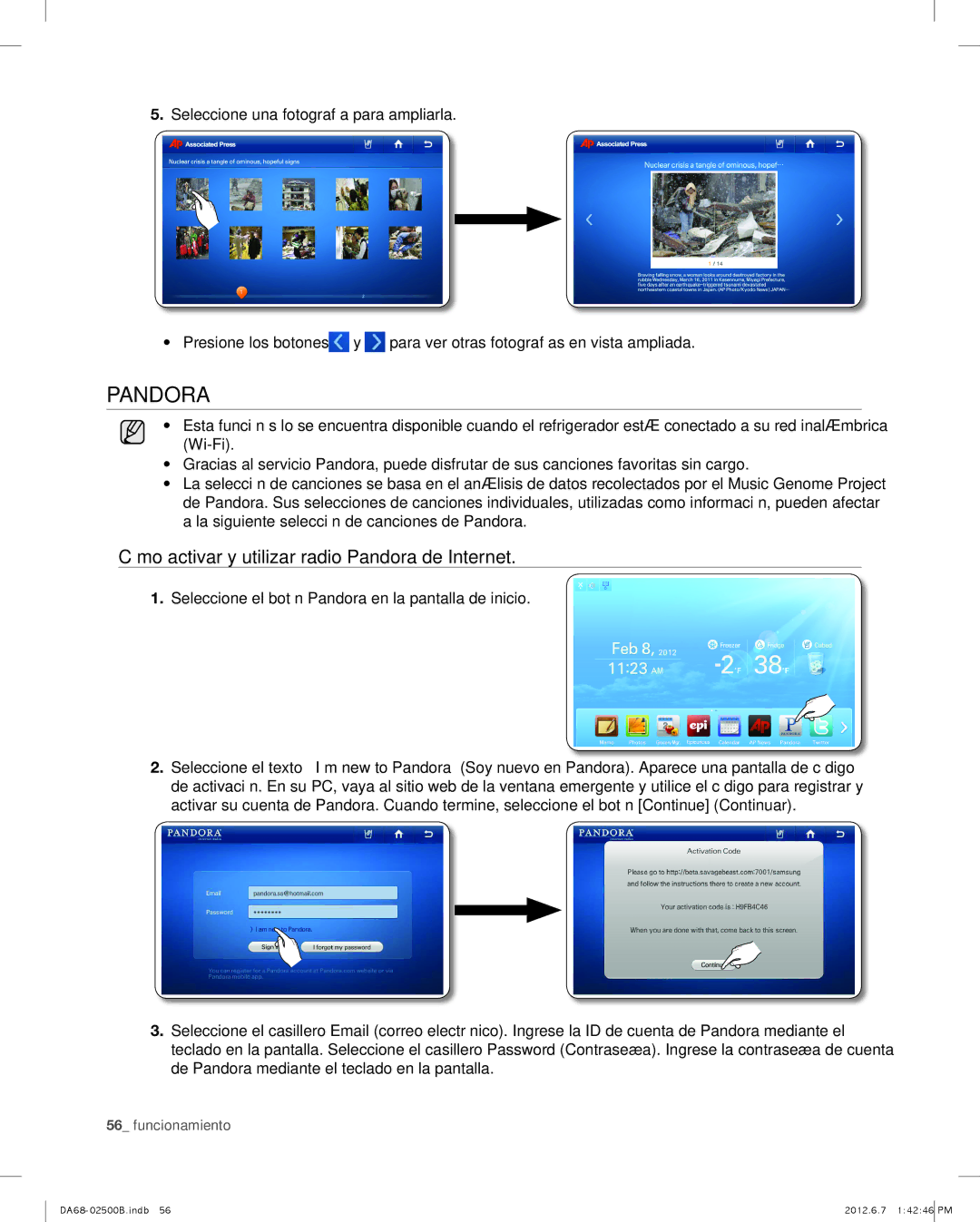 Samsung RSG309AARS Cómo activar y utilizar radio Pandora de Internet, Seleccione el botón Pandora en la pantalla de inicio 